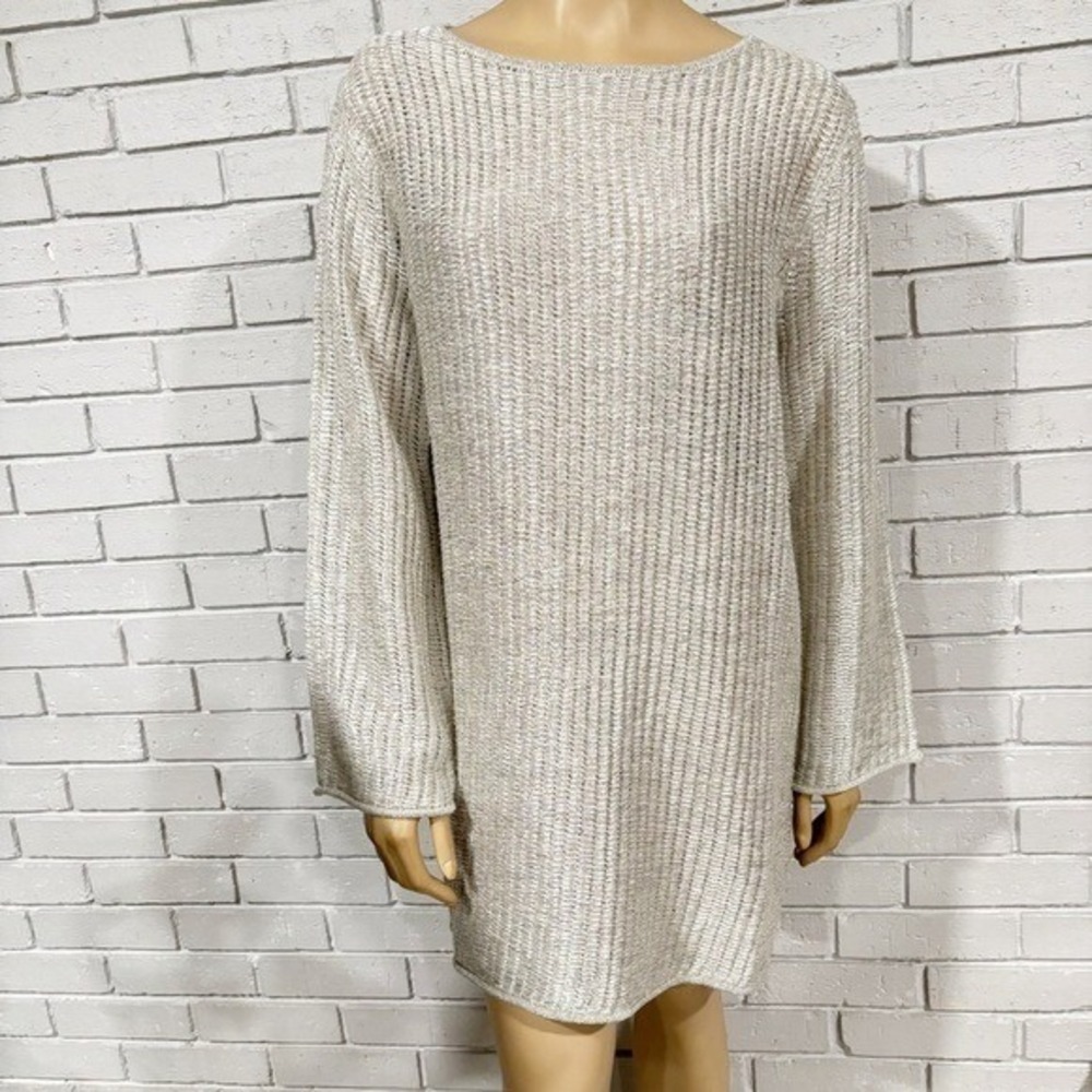 J.Crew Metallic Knit Sweater Dress Medium Champagne Silver Boat Neck Bell Sleeve